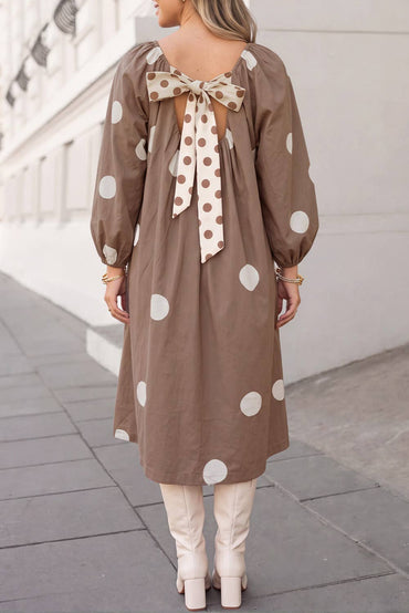 Bow Back Polka Dot Long Sleeve Midi Dress
