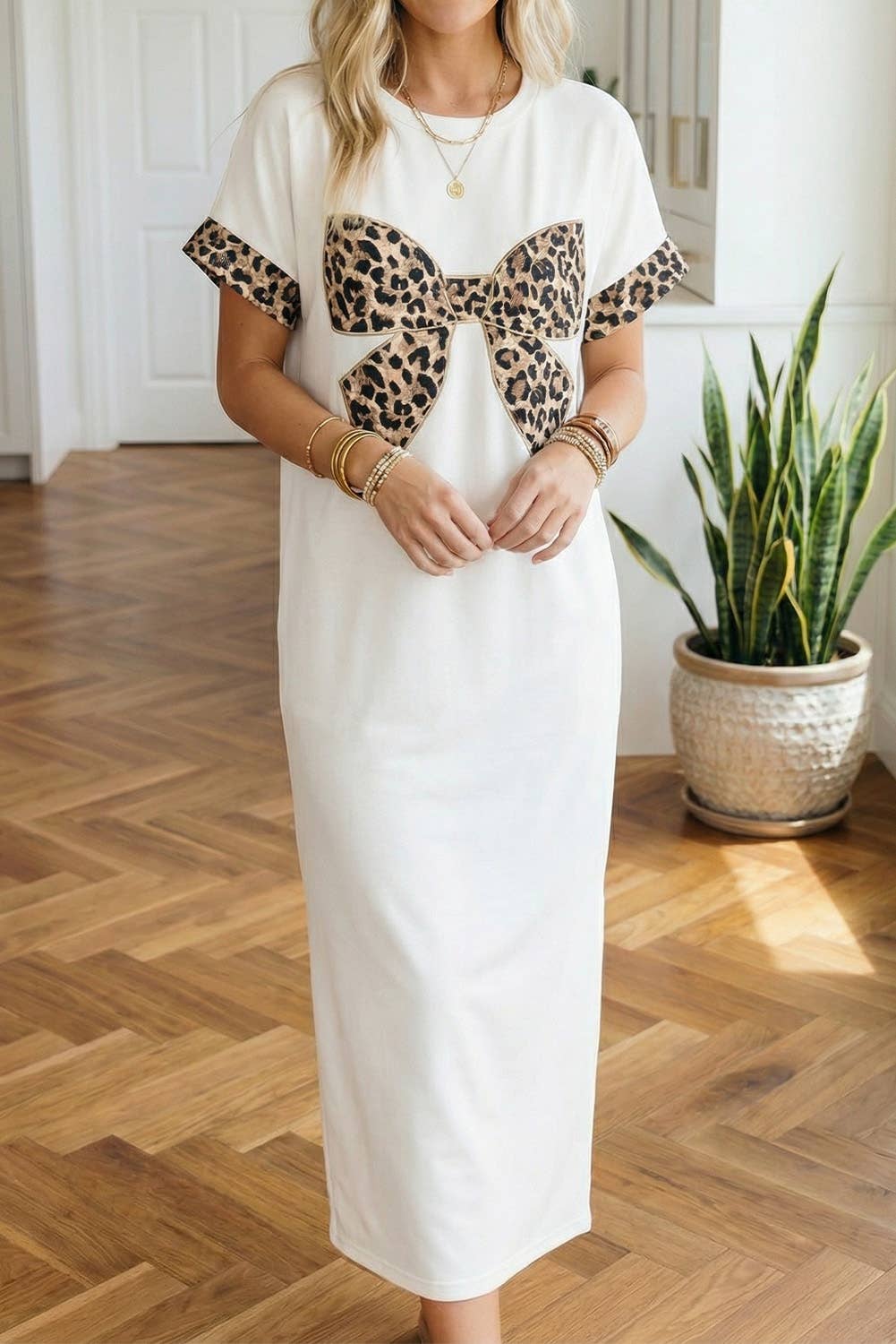 Leopard Bow Short Sleeve T Shirt Maxi Dress