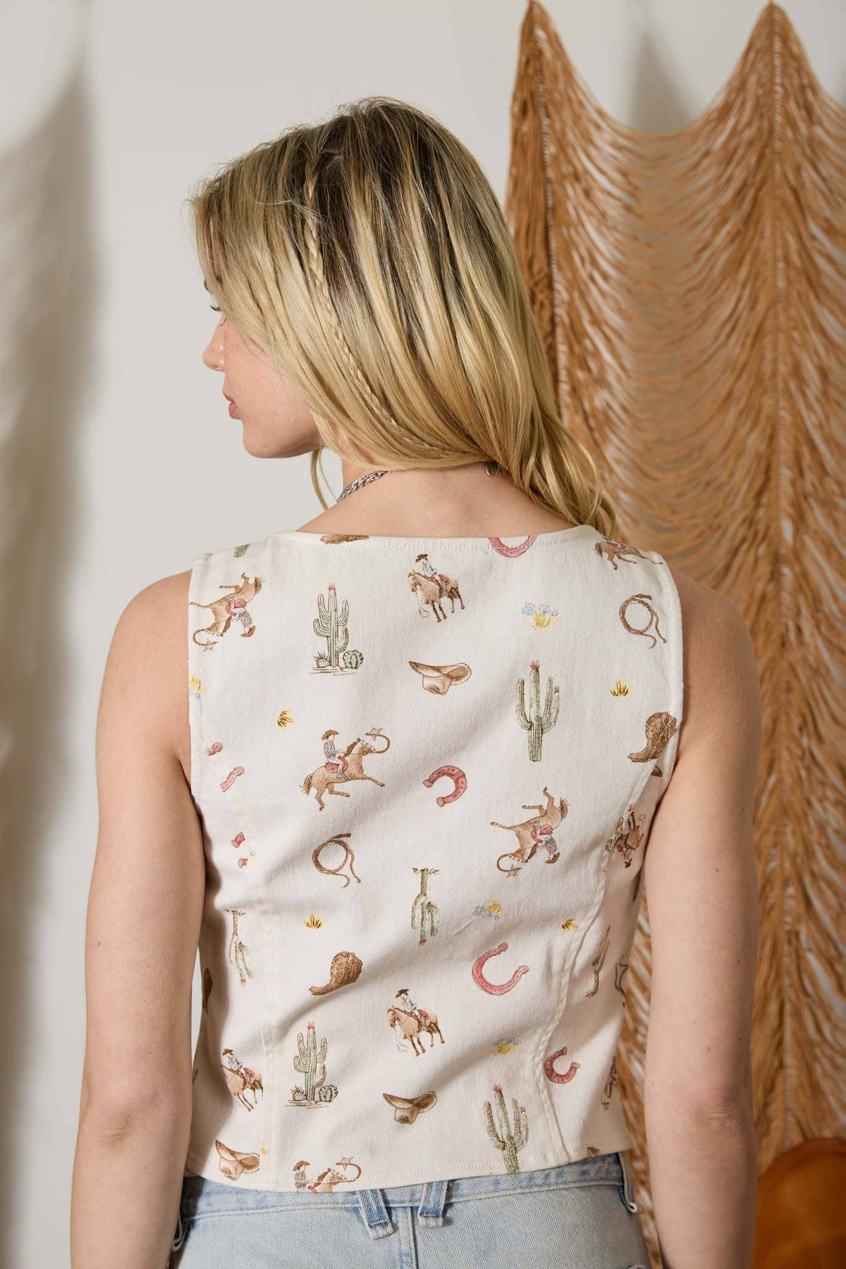Western Print Button Down Denim Vest Top
