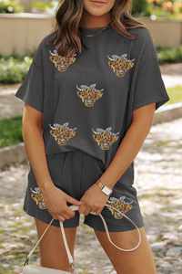 Western Sequin Heifer Patch Corded Pajamas Set