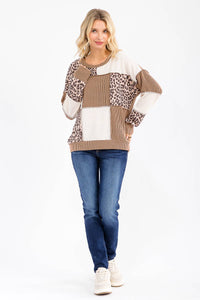 Leopard Patchwork Color Block Rib Knit Top