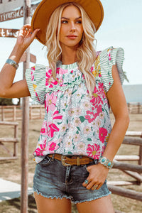 Floral Contrast Ruffle Trim Short Sleeve Blouse