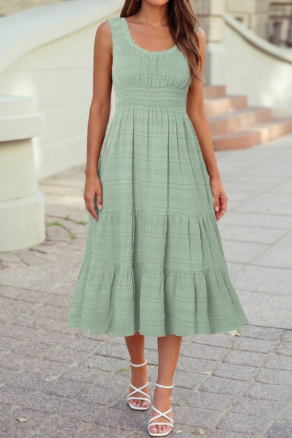 Shirred Pleated Square Neck Sleeveless Midi Dress
