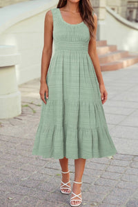Shirred Pleated Square Neck Sleeveless Midi Dress