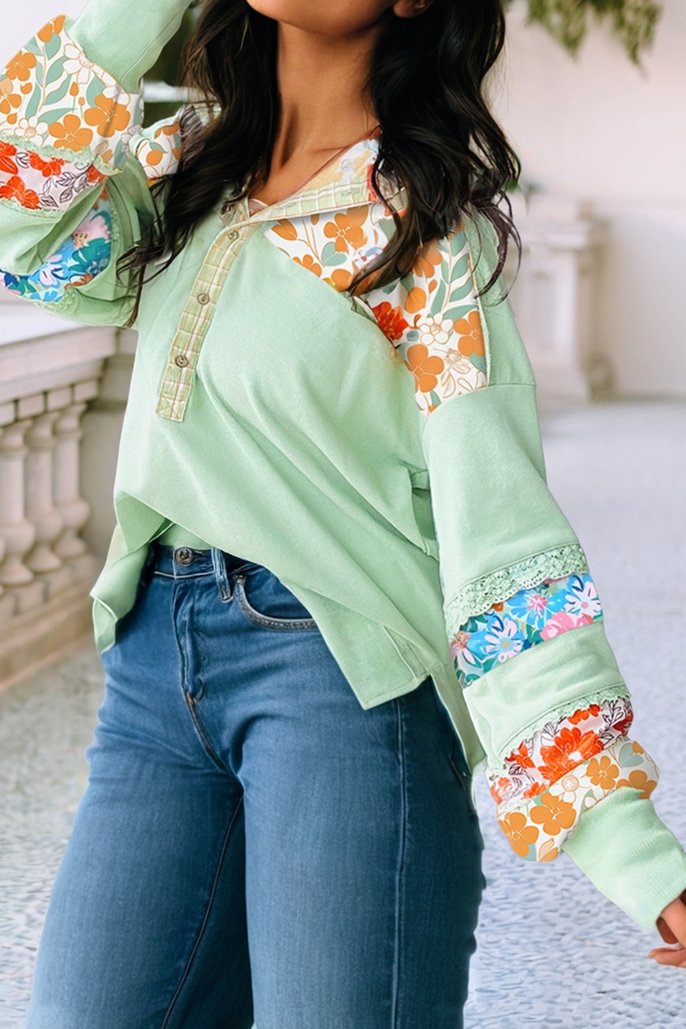 Lace Floral Patchwork Half Button Hooded Pullover