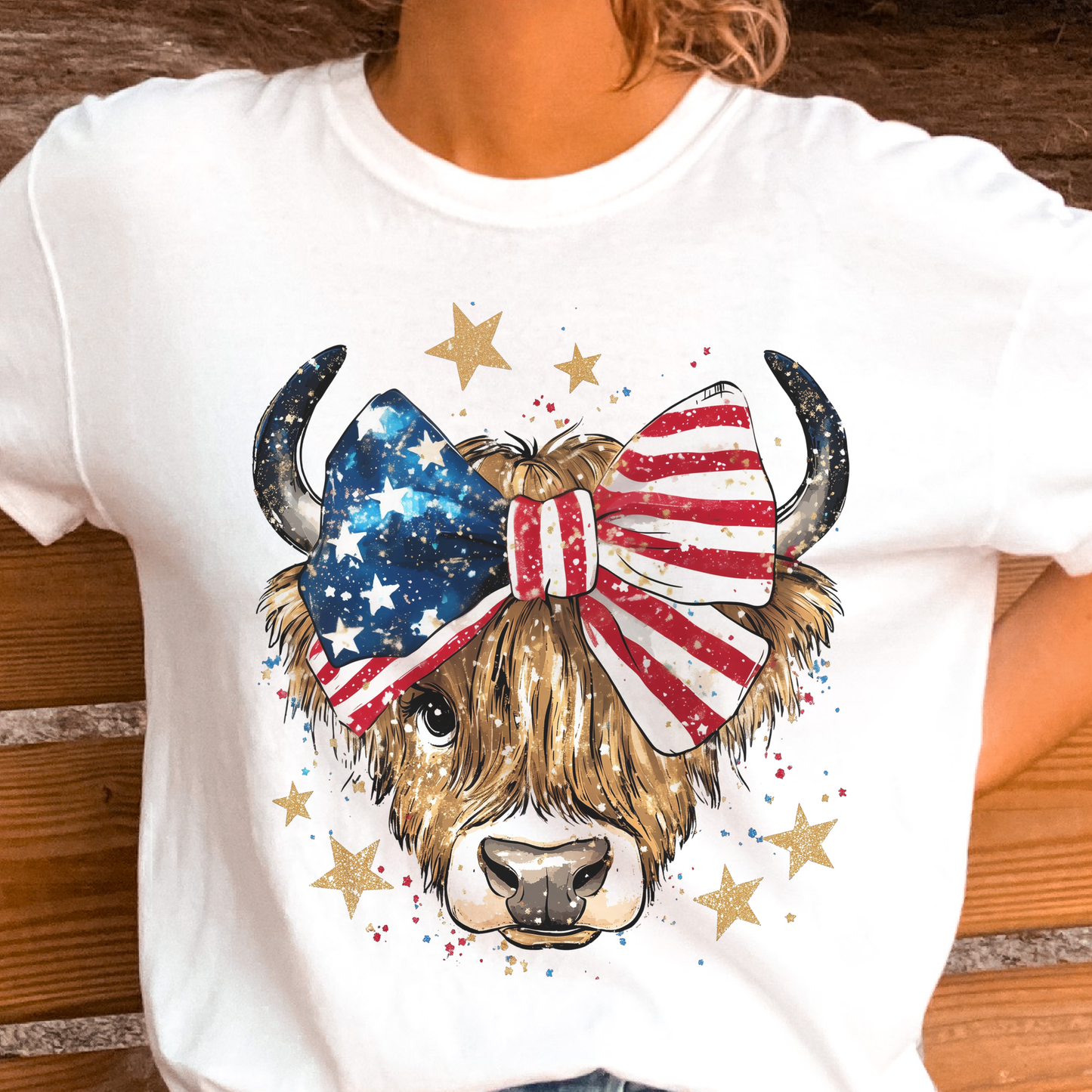 Patriotic Highland Cow USA Bow Graphic Tee