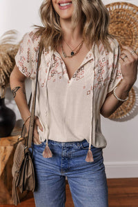 Geometric Embroidered Short Sleeve Tassel Tied Blouse