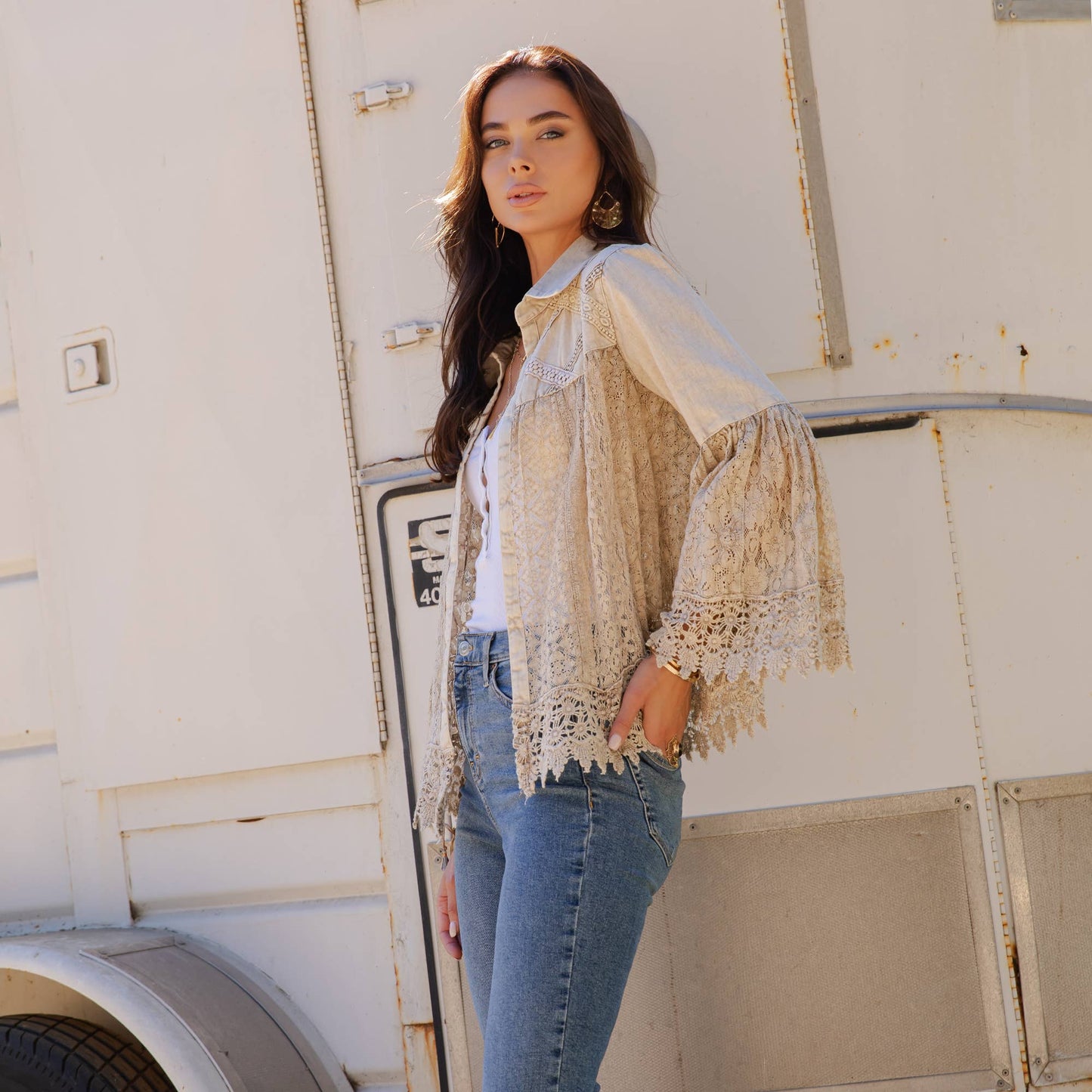 Intricate Crochet Lace Bell Sleeve Western Jacket Shrug