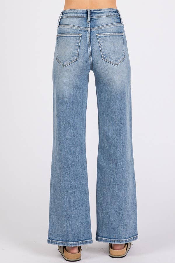 High Rise Stretch Slim Wide Leg W/ Destroyed Hem