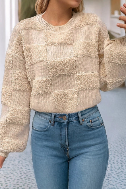 Checkered Sherpa Crew Neck Loose Sweater