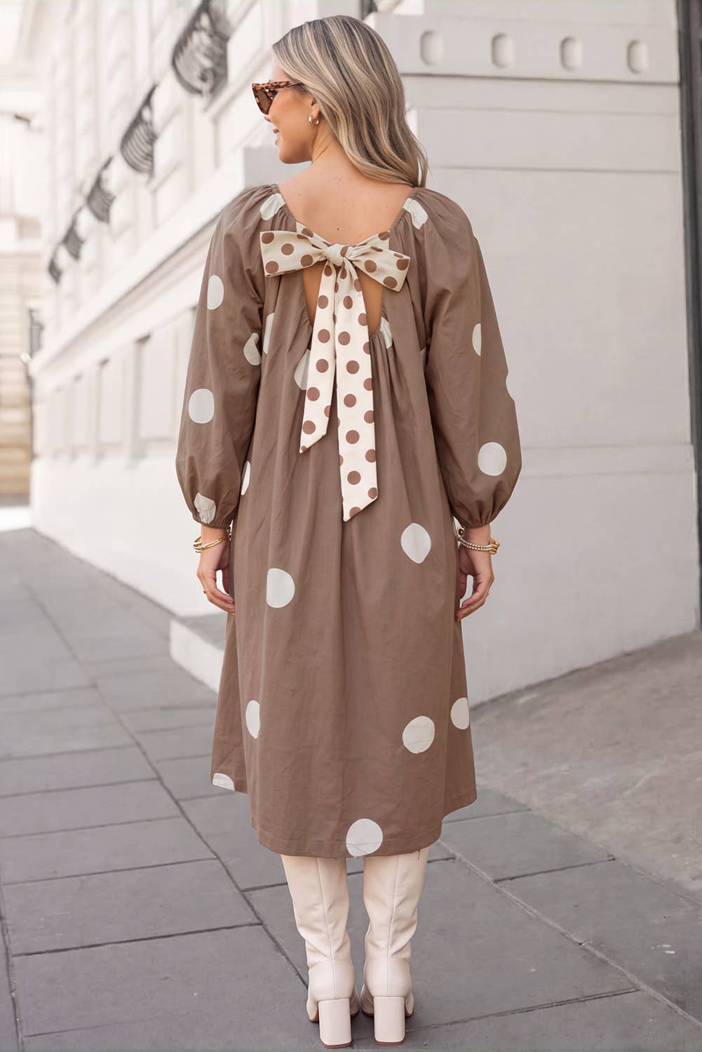 Bow Back Polka Dot Long Sleeve Midi Dress