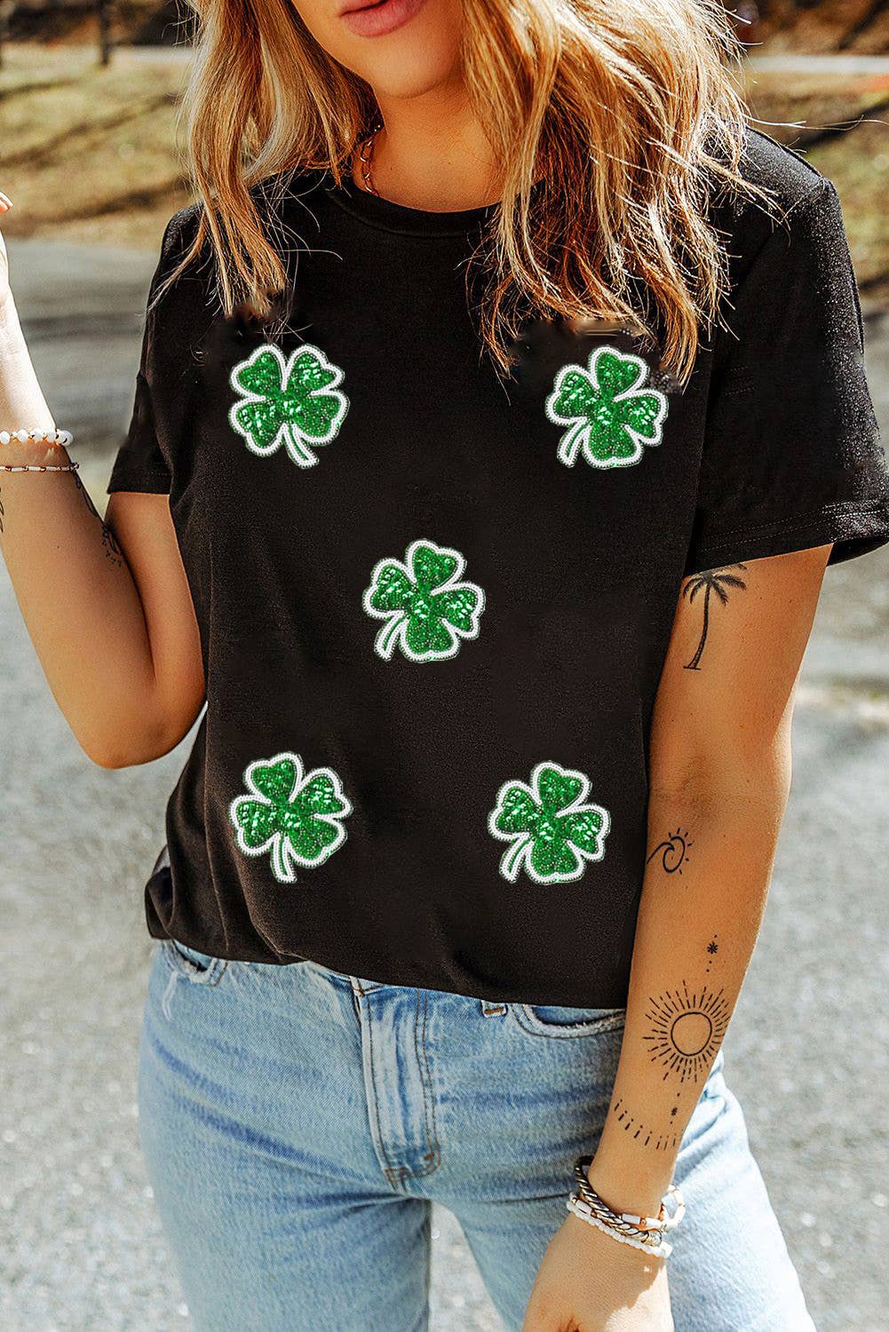 Four Leaf Clover Graphic St. Patricks Crewneck Tee
