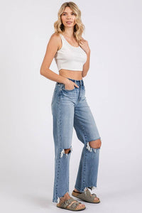 High Rise Stretch Slim Wide Leg W/ Destroyed Hem