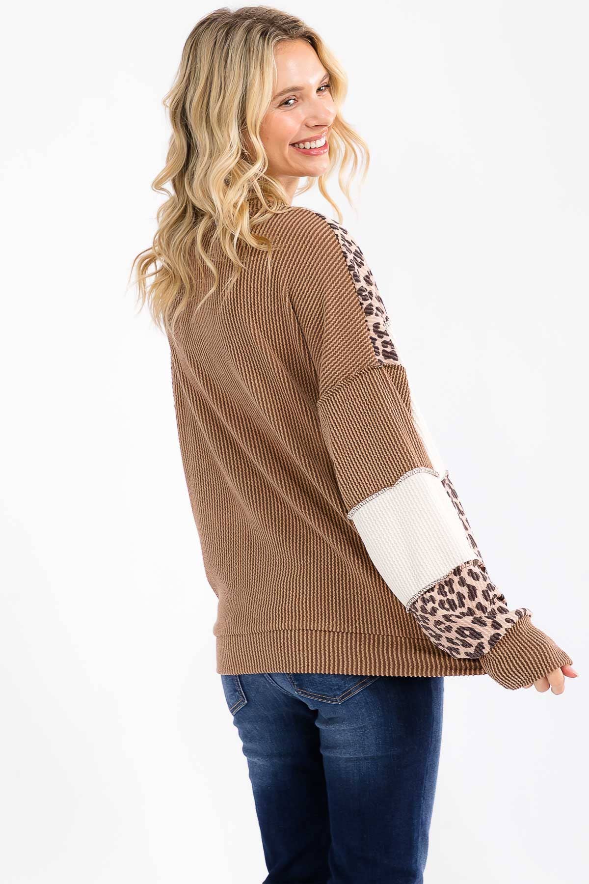 Leopard Patchwork Color Block Rib Knit Top