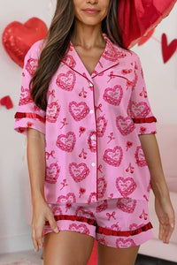Valentines Heart Contrast Ruffle Trim Pajama Set