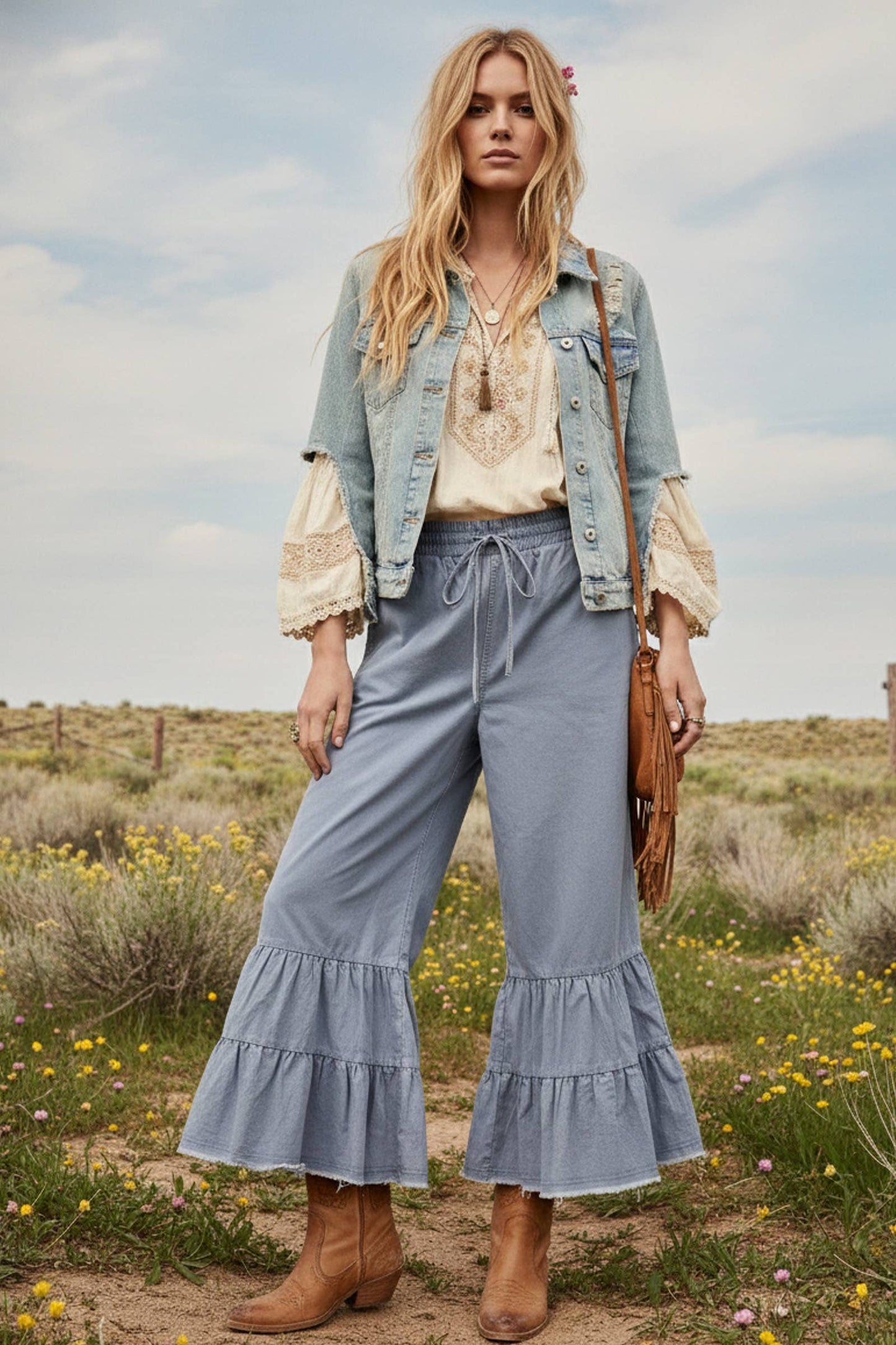 Stone Washed Woven Tiered Ruffle Wide Leg Pants