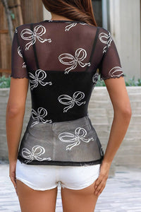 Bow Printed Mesh Short Sleeve Top