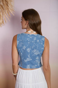 Floral Jacquard Button Down Denim Vest