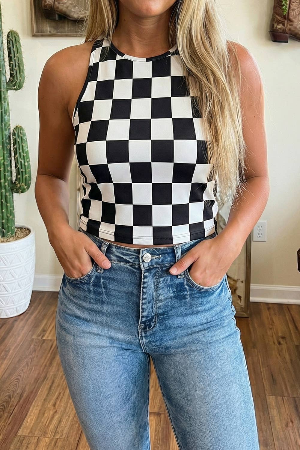 Western Black Checkerboard Printed Slim Tank Top