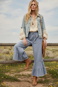 Stone Washed Woven Tiered Ruffle Wide Leg Pants