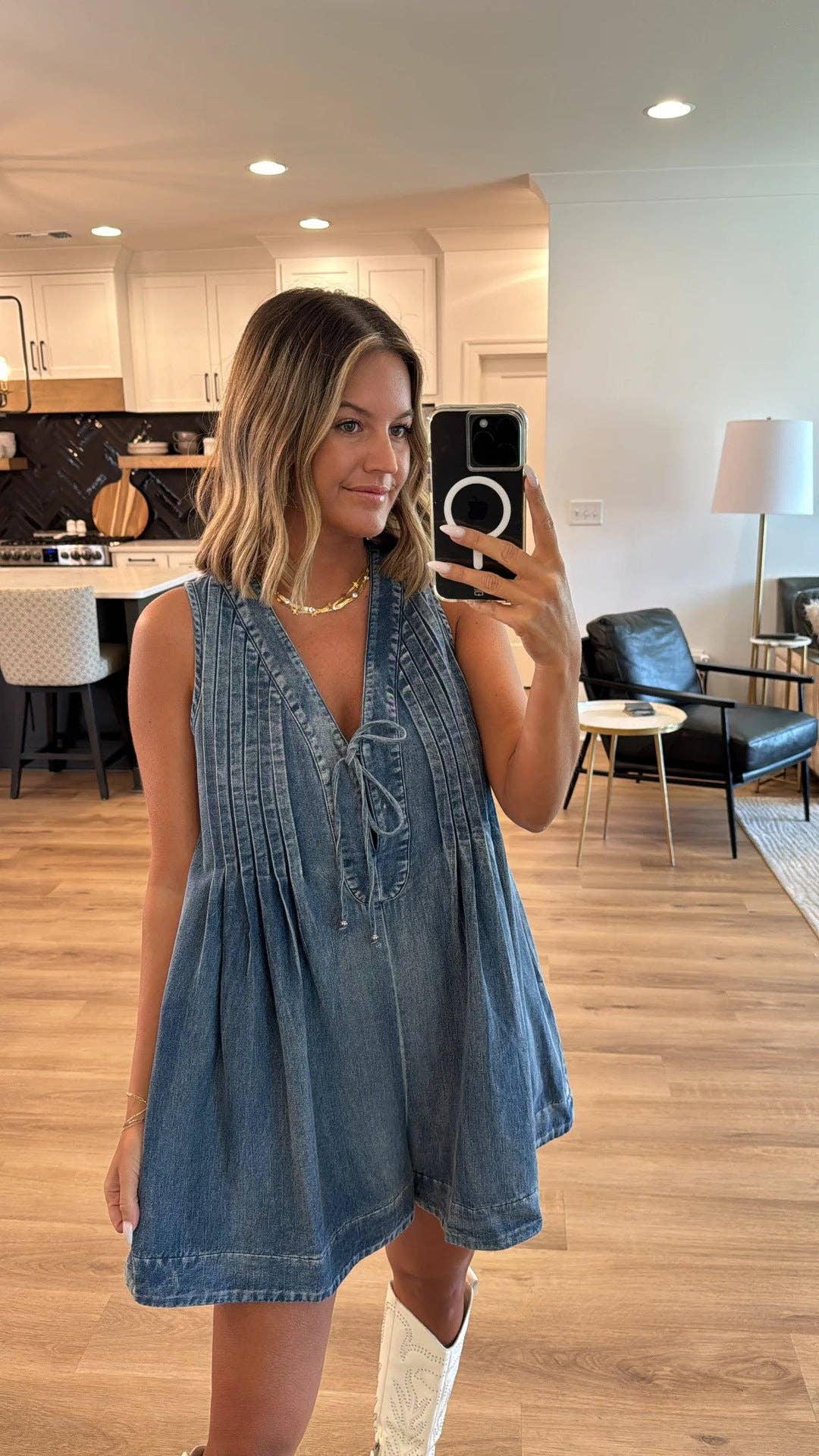 Front Tie V-Neck Denim Romper