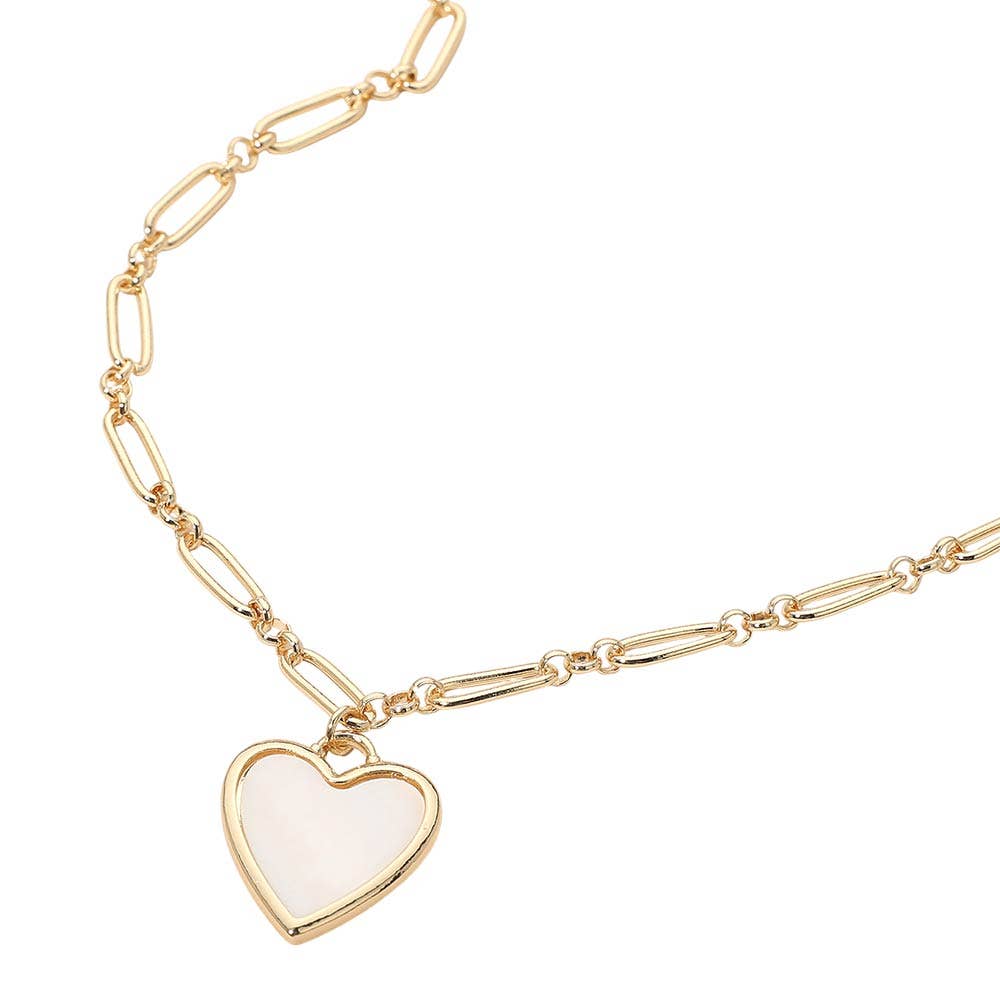 Mother of Pearl Heart Pendant Paperclip Chain Necklace