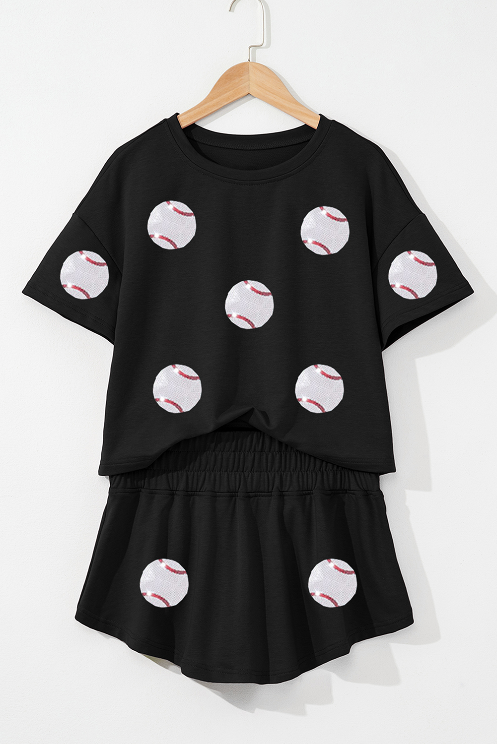 Baseball Print Cropped Tee and Ruffle High Waist Skort Set
