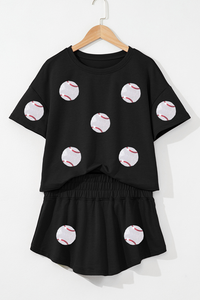 Baseball Print Cropped Tee and Ruffle High Waist Skort Set