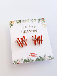 Christmas Studs - Red & White Striped Bow Holiday Earrings