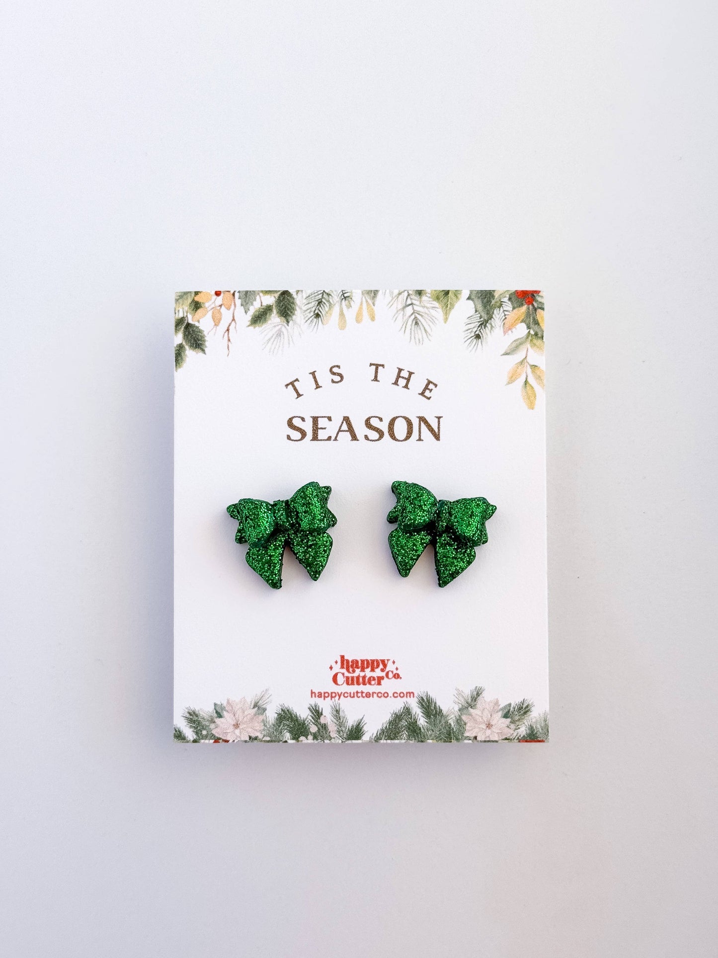 Christmas Studs - Green Glitter Bow Holiday Stud Earrings