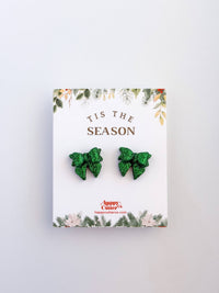 Christmas Studs - Green Glitter Bow Holiday Stud Earrings