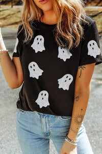 Glitter Ghost Pattern Crew Neck Halloween Graphic Shirt