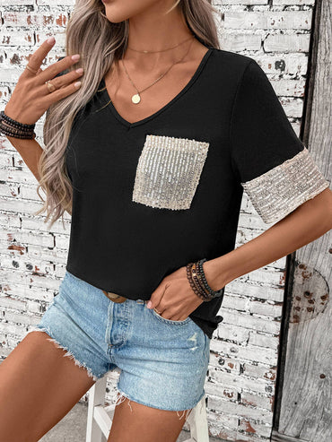 Basic Versatile Contrasting Sequin T-Shirt