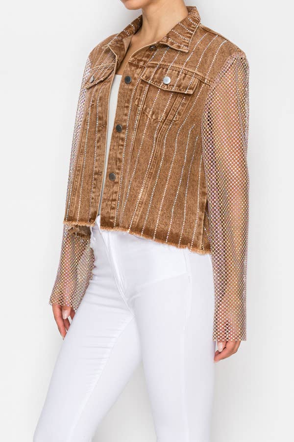 Denim Jacket with Sparkly Details & Mesh Sleeves
