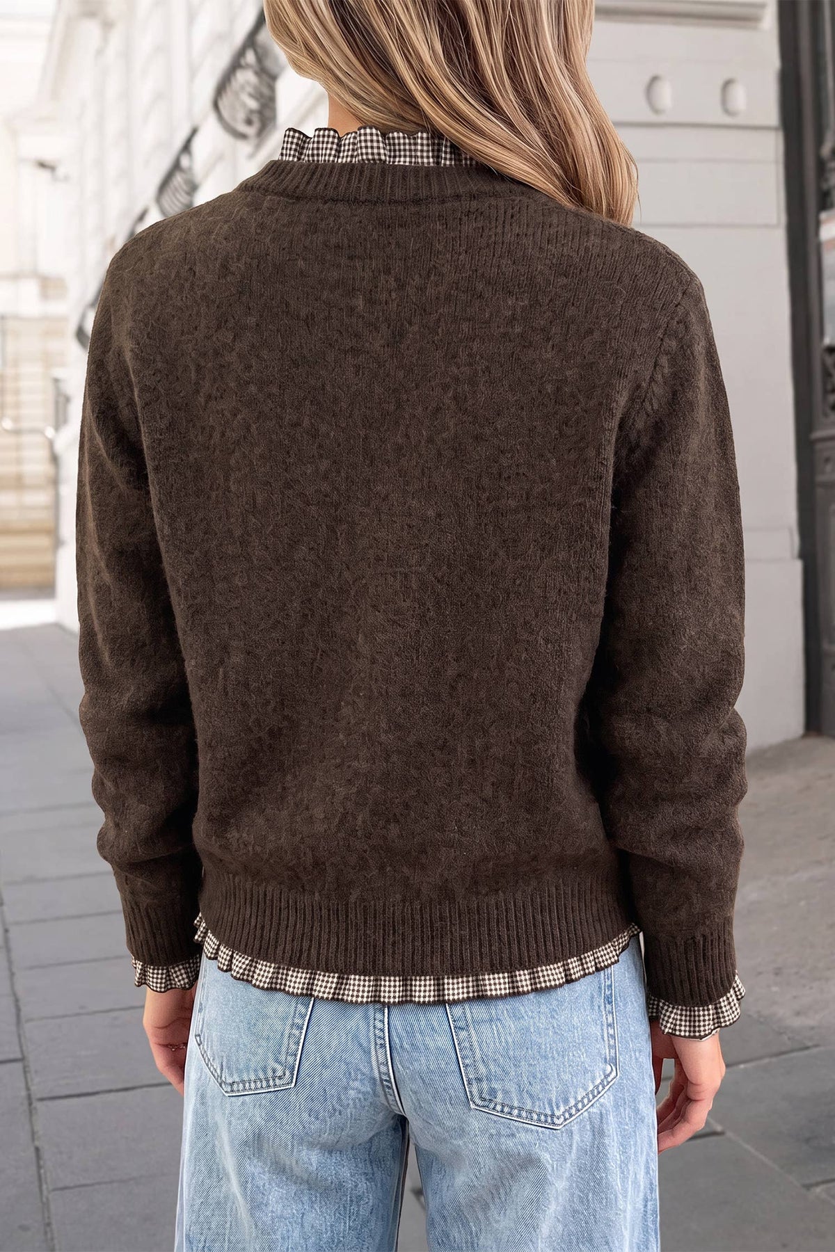 Cozy Plaid Print Ruffle Trim Pullover Sweater