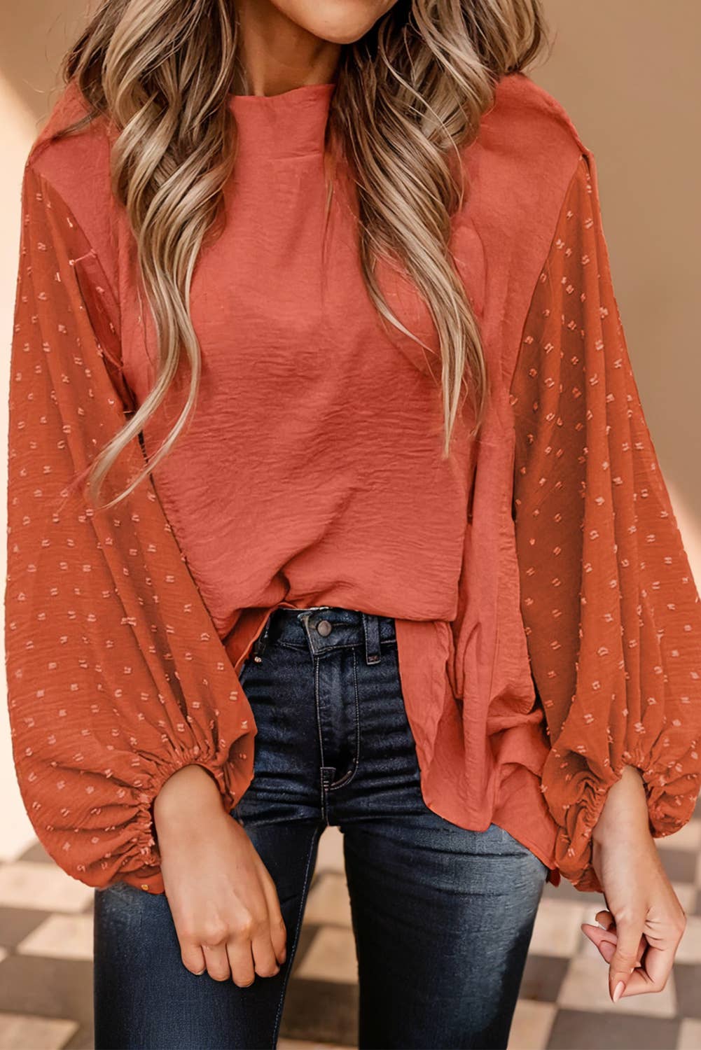 Orange Dot Balloon Sleeve Loose Fit Blouse