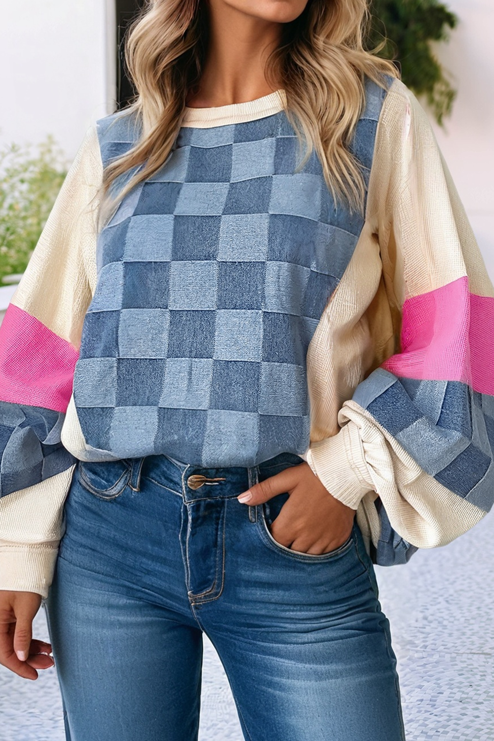 Checkered Denim Exposed Seam Patchwork Sweatshirt