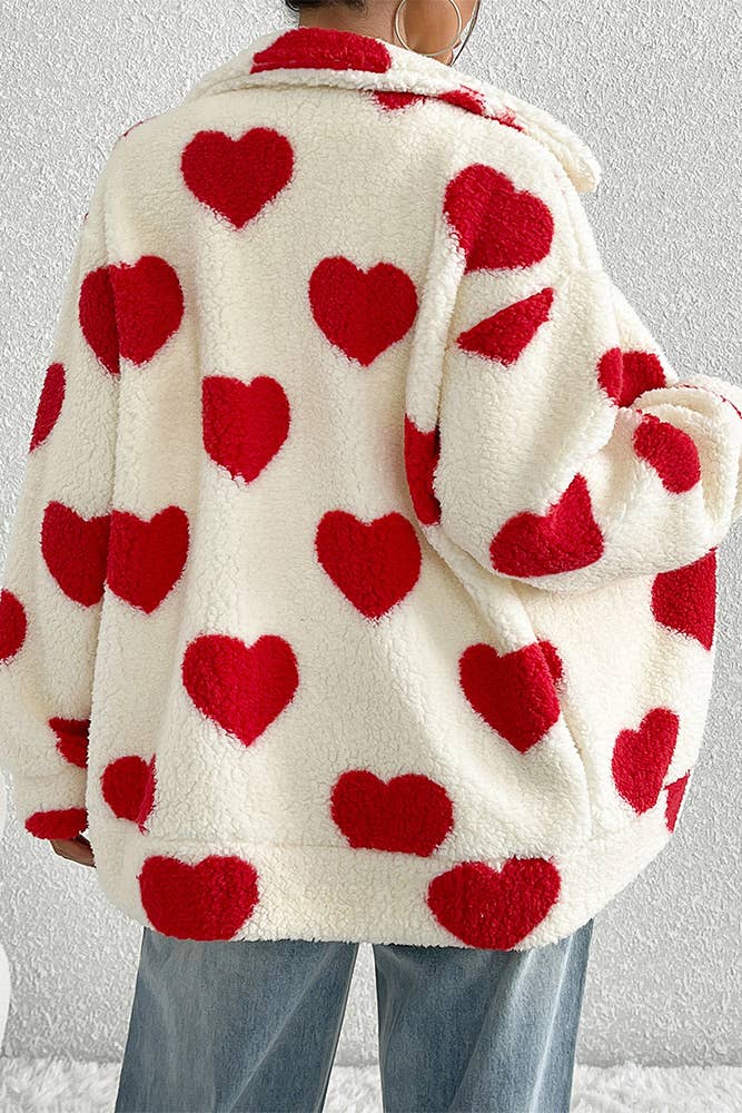 Valentine Heart Pattern Zipper Front Winter Fleece Coat