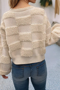 Checkered Sherpa Crew Neck Loose Sweater