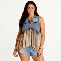 Distressed Boho Western Denim W/Ruffles Sleeveless Tunic Top