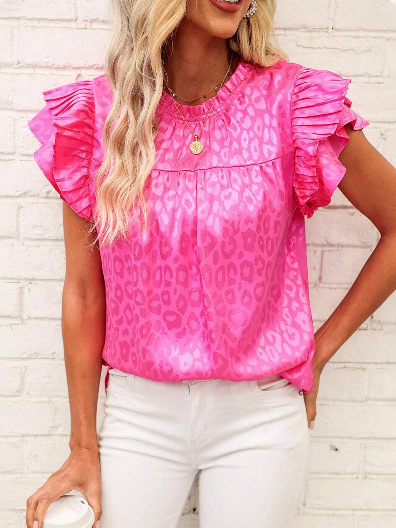 Satin Leopard top ruffle t-shirt