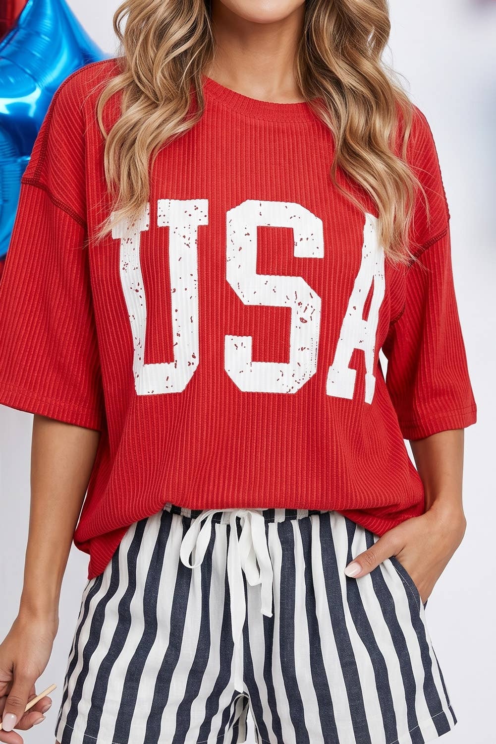 4th of July USA Graphic Half Sleeve Ribbed Top