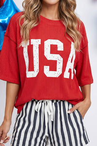 4th of July USA Graphic Half Sleeve Ribbed Top