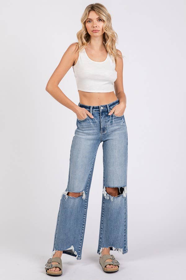 High Rise Stretch Slim Wide Leg W/ Destroyed Hem
