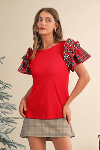 Plaid Pearl Ruffle Short Sleeve Blouse