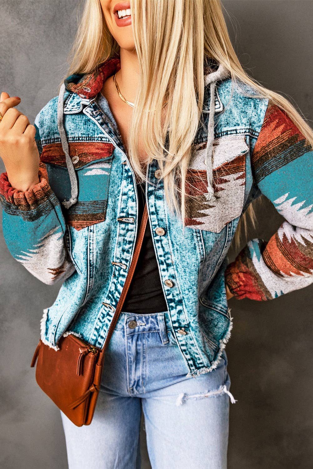 Aztec Denim Frayed Hem Jacket