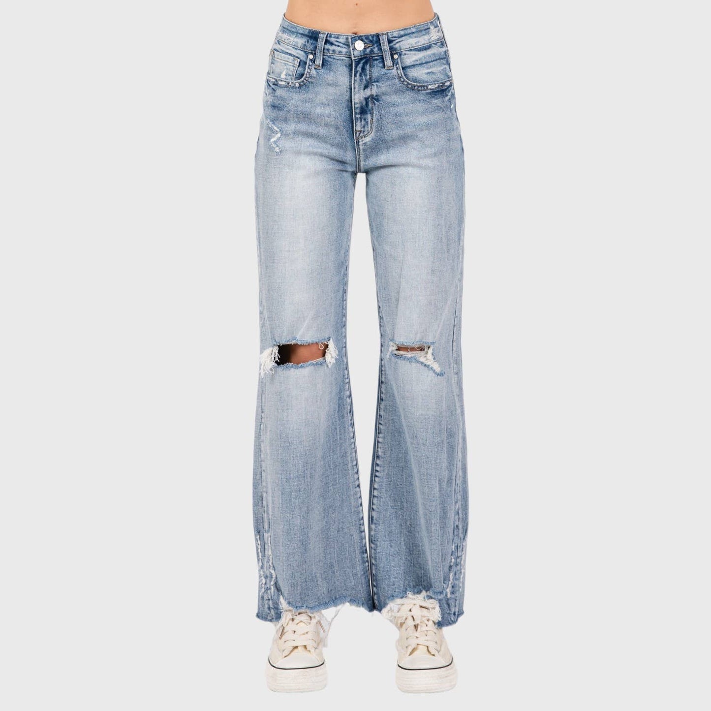DISTRESSED HIGH RISE COMFORT VINTAGE FLARE JEANS