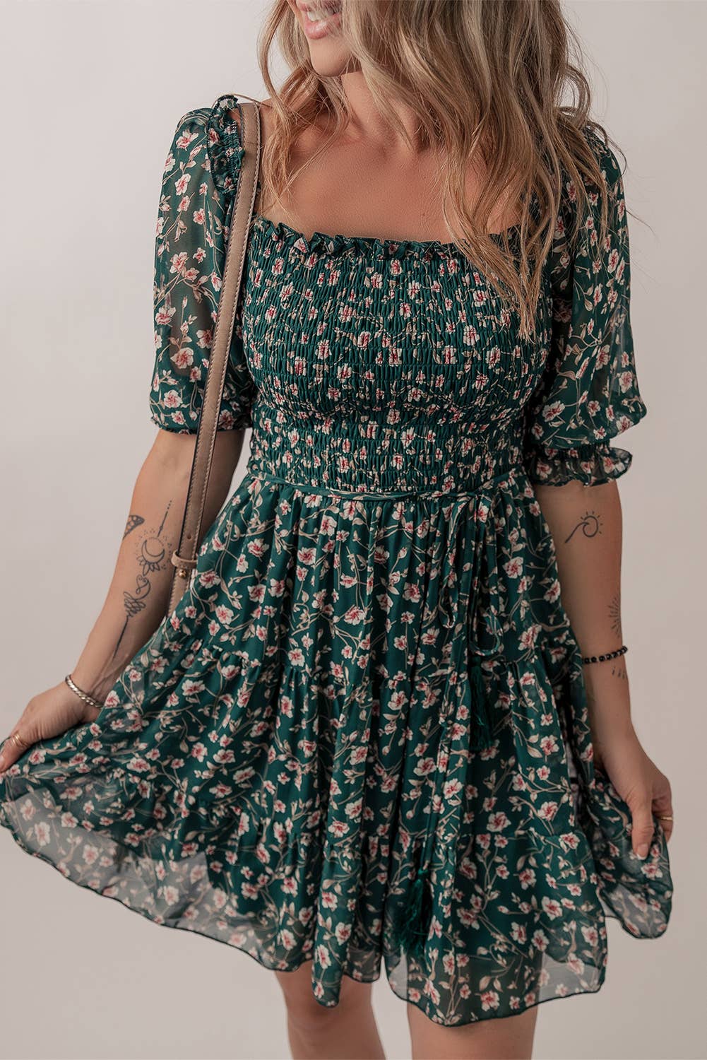 Floral Mesh Overlay Shirred Square Neck Ruffle Dress