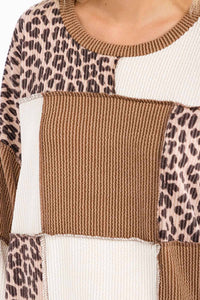 Leopard Patchwork Color Block Rib Knit Top