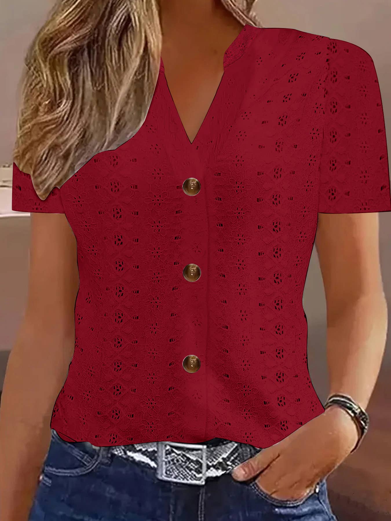 Solid button V-neck casual T-shirt